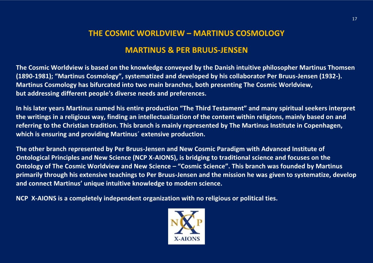 The Cosmic Worldview Martinus Cosmology NCP X-AIONS