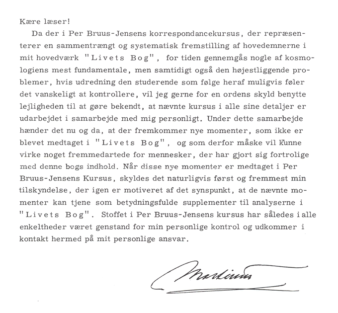 Martinus letter regarding korrespondancekursus 